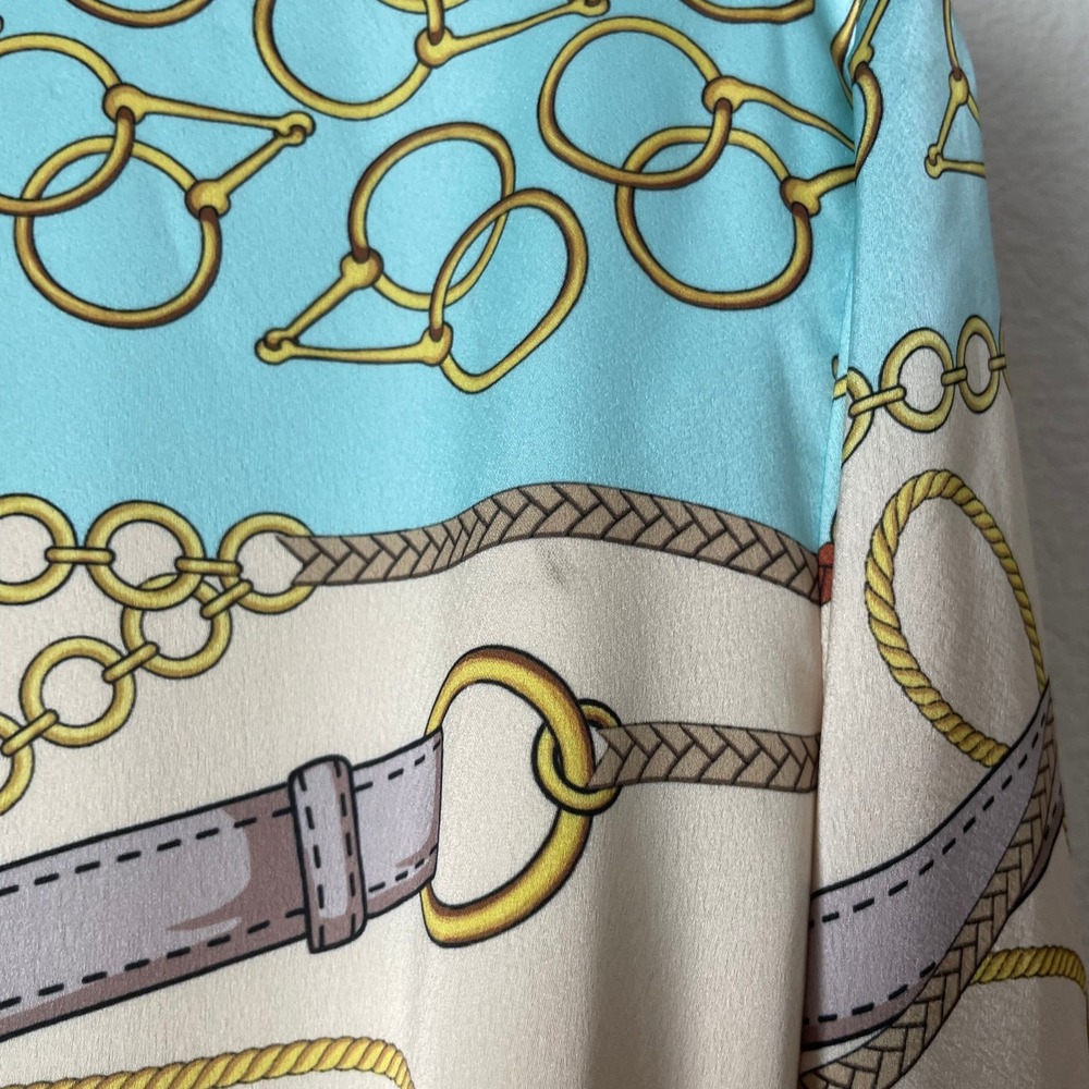 Marciano by Guess Dress US 2 Brown Teal Equestrian Scarf Print Belted Western - Picture 11 of 12
